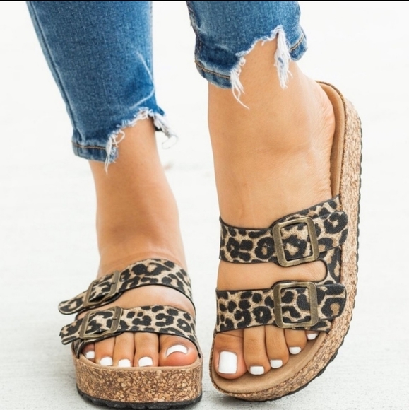 NEW Leopard print sandals Double Buckle Cork - Picture 2 of 3